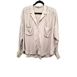 Free People Women's Oversized Beige Button-Up Shirt Pattern Folded Long Sleeves